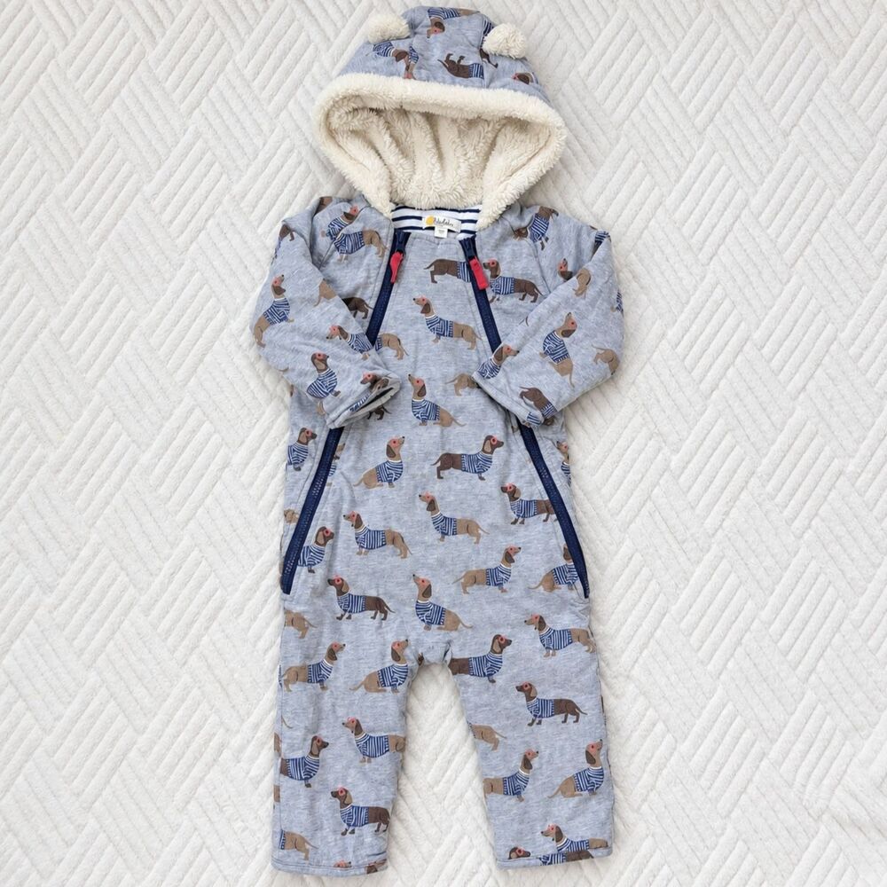 Baby Boden 12-18M Dachshund Dog Pram Suit Sherpa Fleece Lined Snowsuit Gray